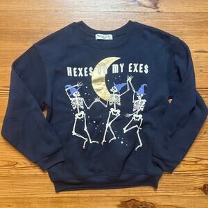 Wound Up funny Halloween blue skeleton hexes on my‎ exs crew sweatshirt SIZE M